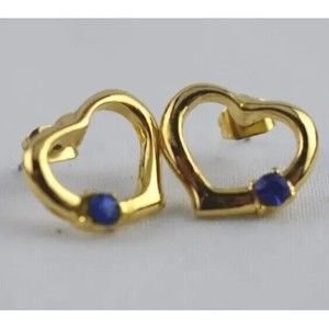 Gold Plated 10k Heart Earrings with Blue Stone, Studs